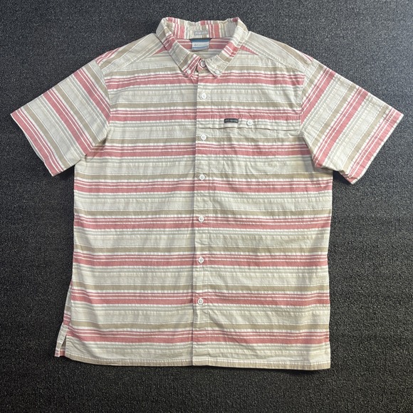 Columbia Mens XL Striped Button Up Short Sleeve Shirt Pink Khaki Outdoor - Picture 1 of 7